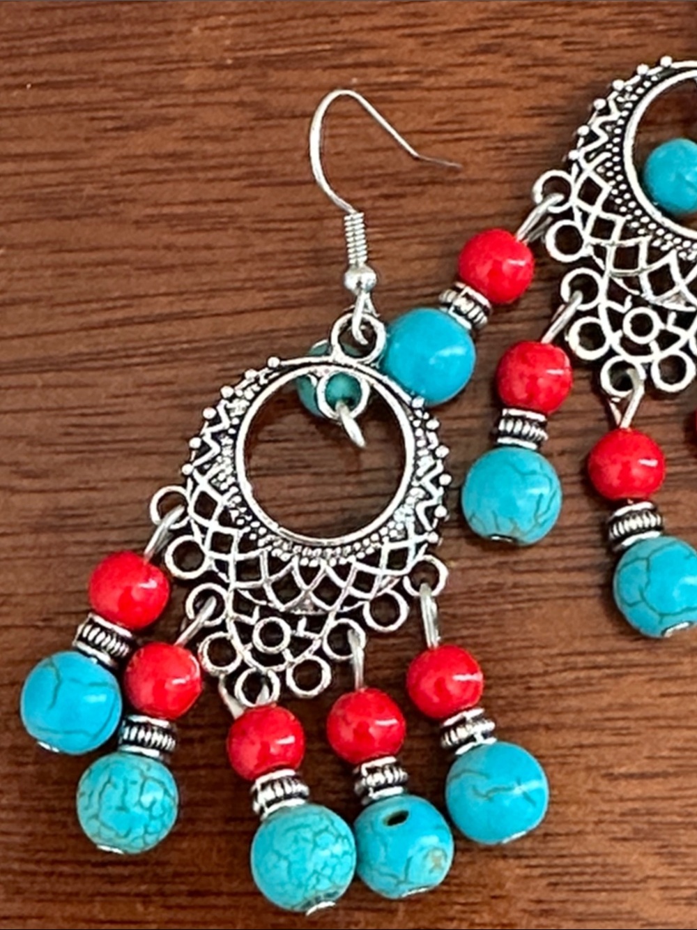 Fashion Jewelry Turquoise and Red Beaded Chandelier Earrings - Picture 6 of 8